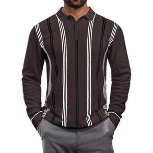 Men's Knit Polo Sweater Long Sleeve Striped Thermal Button Collar Sweater Brown
